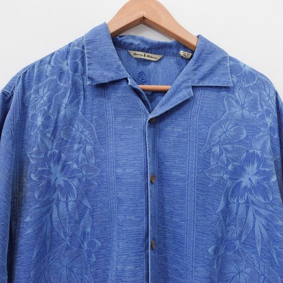 Tommy Bahama Shirt Men Medium Blue Silk Hawaiian Camp Beach Tropical Floral Leaf - Picture 5 of 15